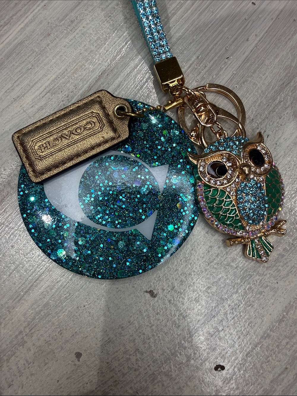 Coach Gold Hang Tag Teal Glitter Key & Owl Charm Bag Charm/Key Chain